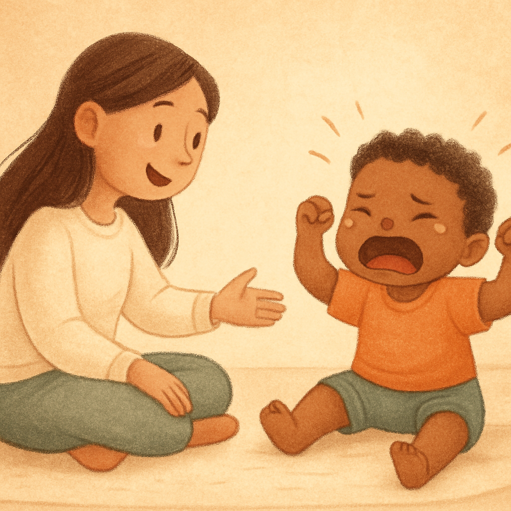 Toddler receiving comfort and reassurance after a tantrum subsides.