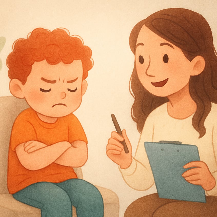 Angry child sitting with a therapist in a quiet therapy room learning coping skills.