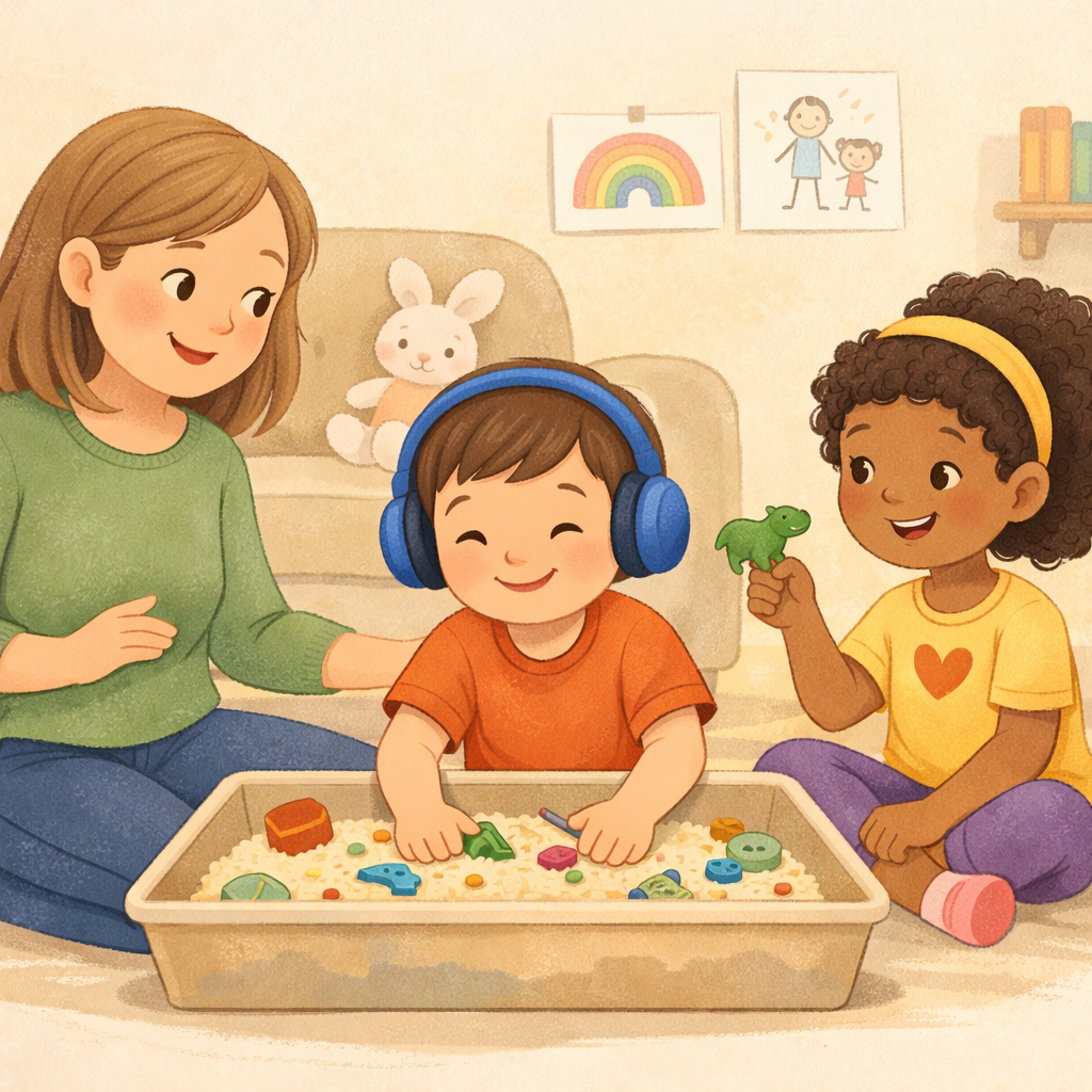 Create 3 separate photos of childrens illustrations in a 12 aspect ratio related to the topic family dynamics with neurodiverse children Use soft natu