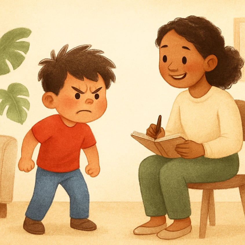 Child working with a therapist to learn appropriate behaviors in a calm setting.