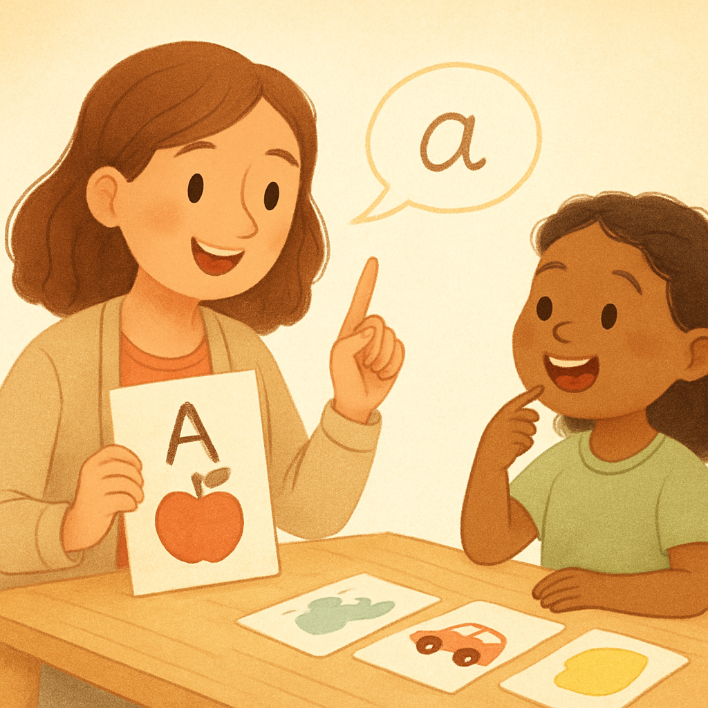 Speech-language pathologist working one-on-one with a student on speech sounds at a desk.