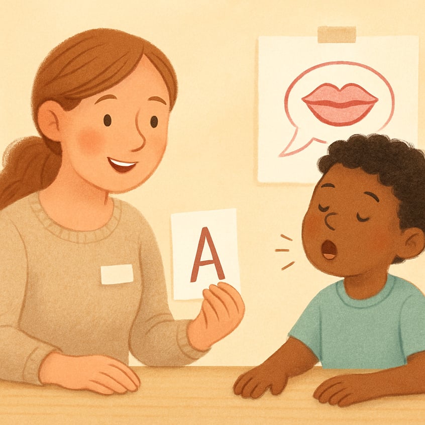 Speech therapist helping a young child practice pronunciation using picture cards in a clinic.