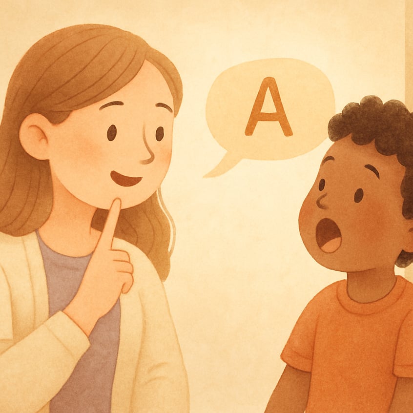 Child practicing speech sounds with a speech-language pathologist.