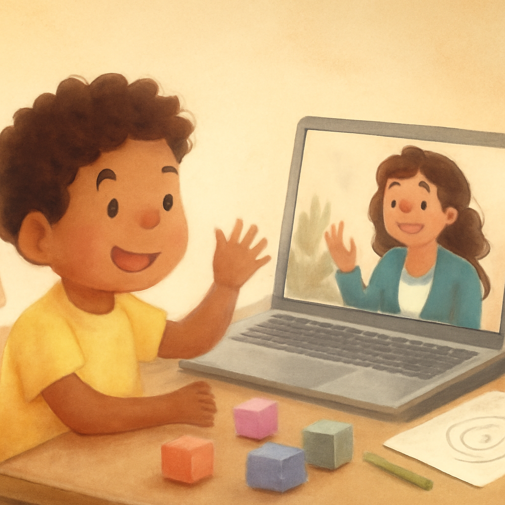 Therapist guiding a child through telehealth session.