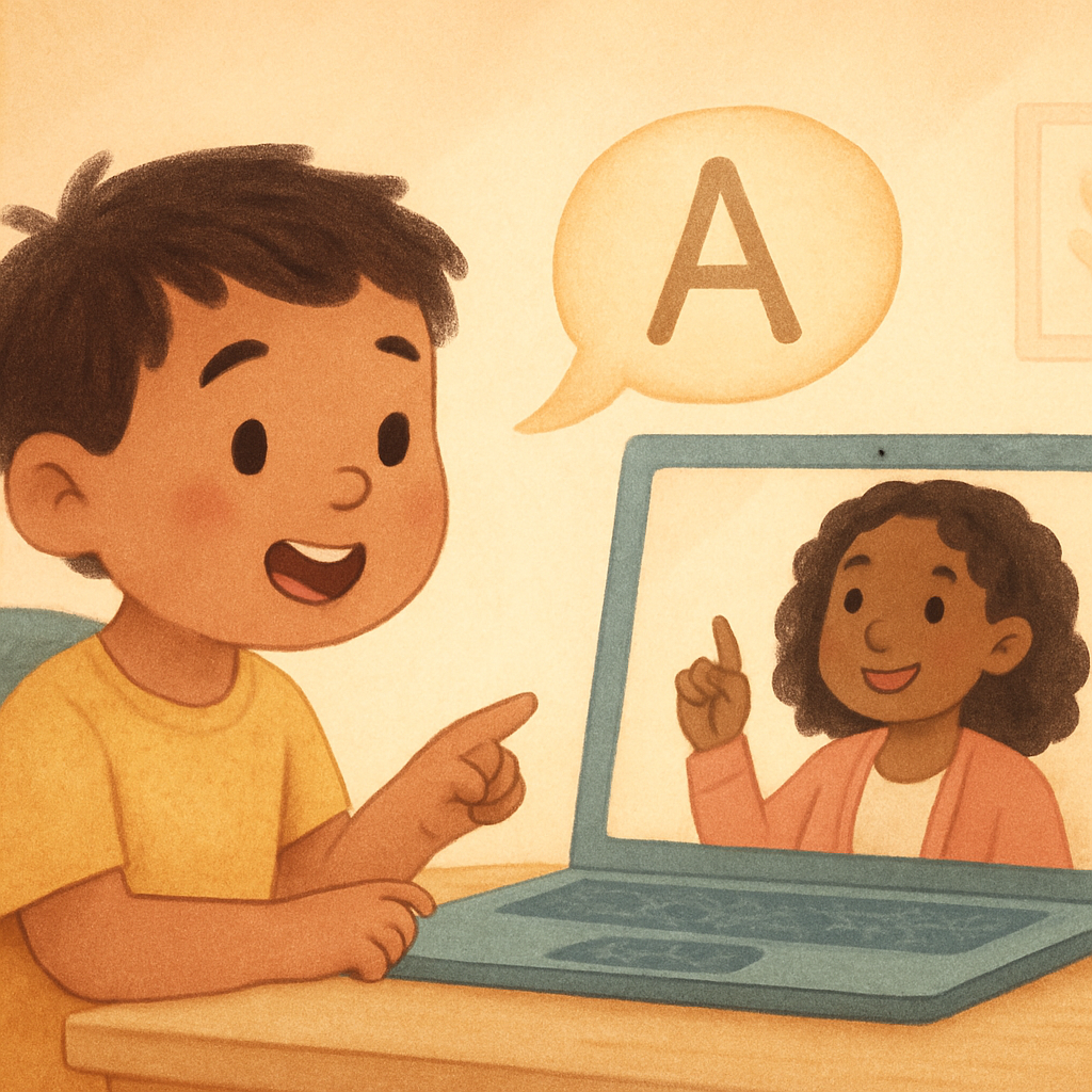 Telehealth speech therapy session shown on a laptop screen.