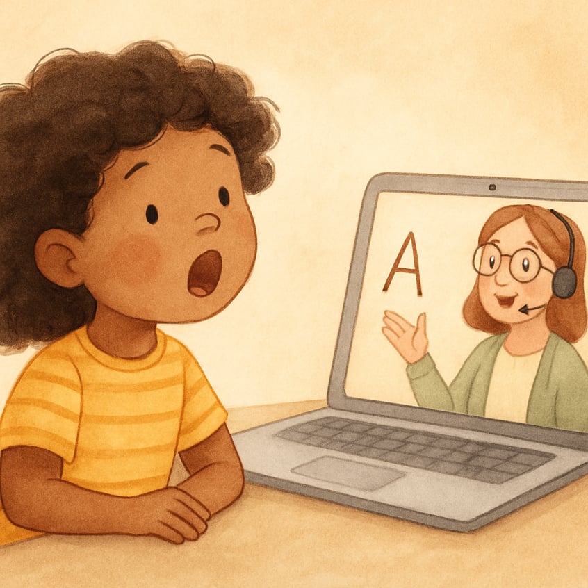 Speech-language pathologist guiding articulation exercises via video conference.
