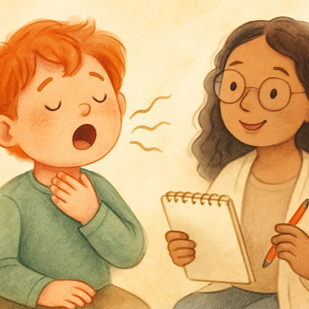 Young child practicing tongue movements with guidance from a speech-language pathologist.