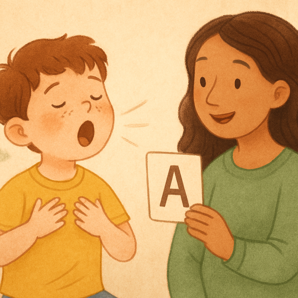 A therapist demonstrating proper breath support for healthy voice use.