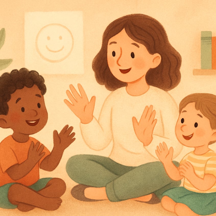 A therapist modeling polite communication skills for a child.