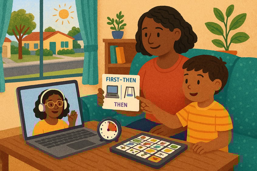 Parent assisting their child during a live telehealth speech therapy session on a tablet.