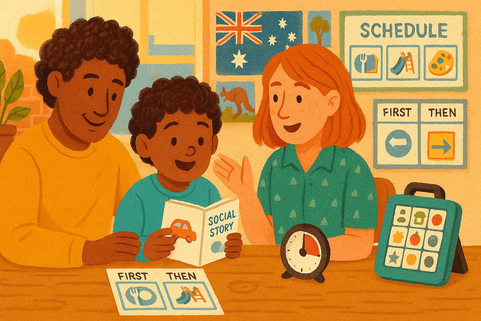 Parent and child using visual tools to support behaviour therapy.