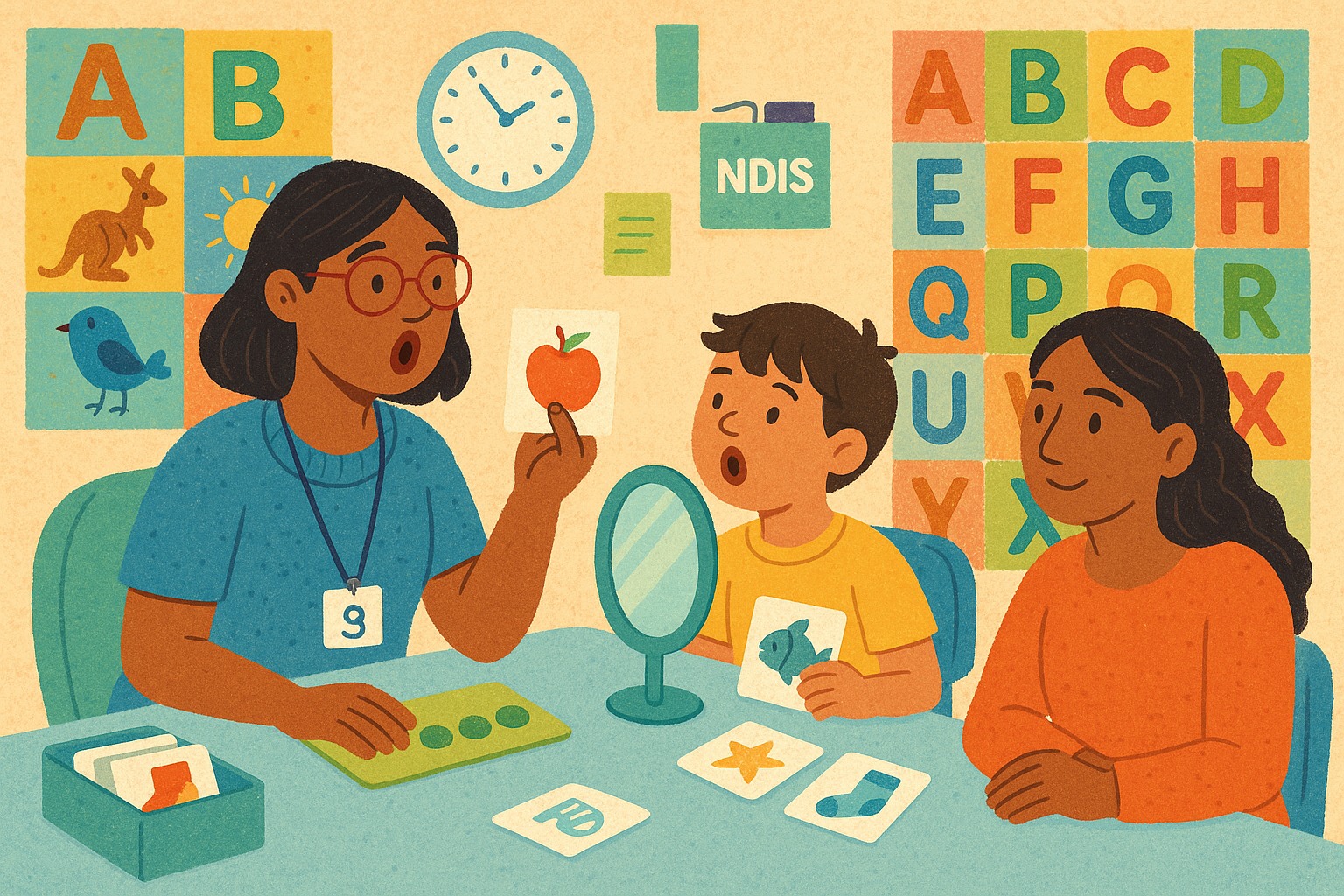 A speech pathologist supporting a child with a communication device during a therapy session