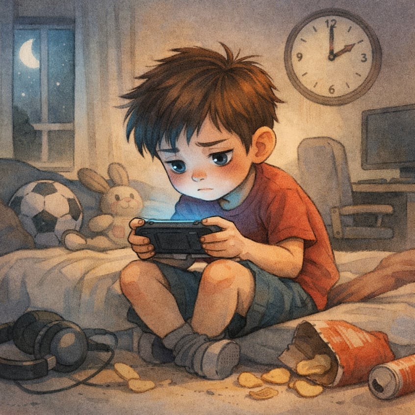 Young adult gaming continuously while a phone nearby shows many missed calls or messages.