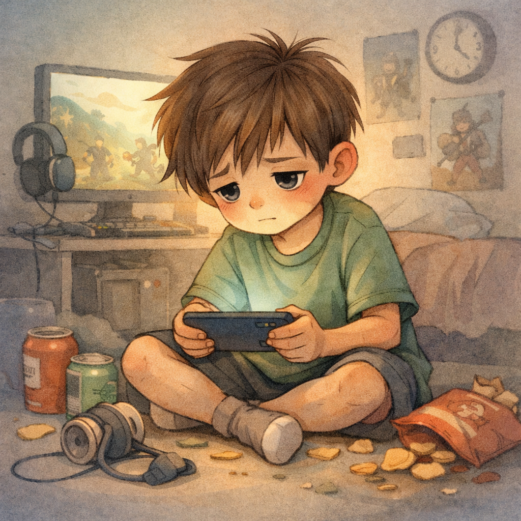 Young adult gaming continuously while a phone nearby shows many missed calls or messages.