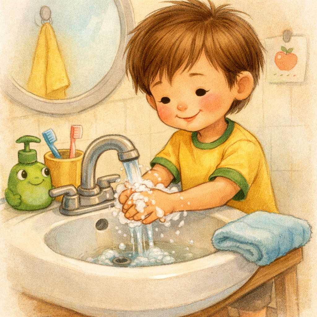 A child washing hands before eating, showing healthy hygiene habits as part of daily routine.