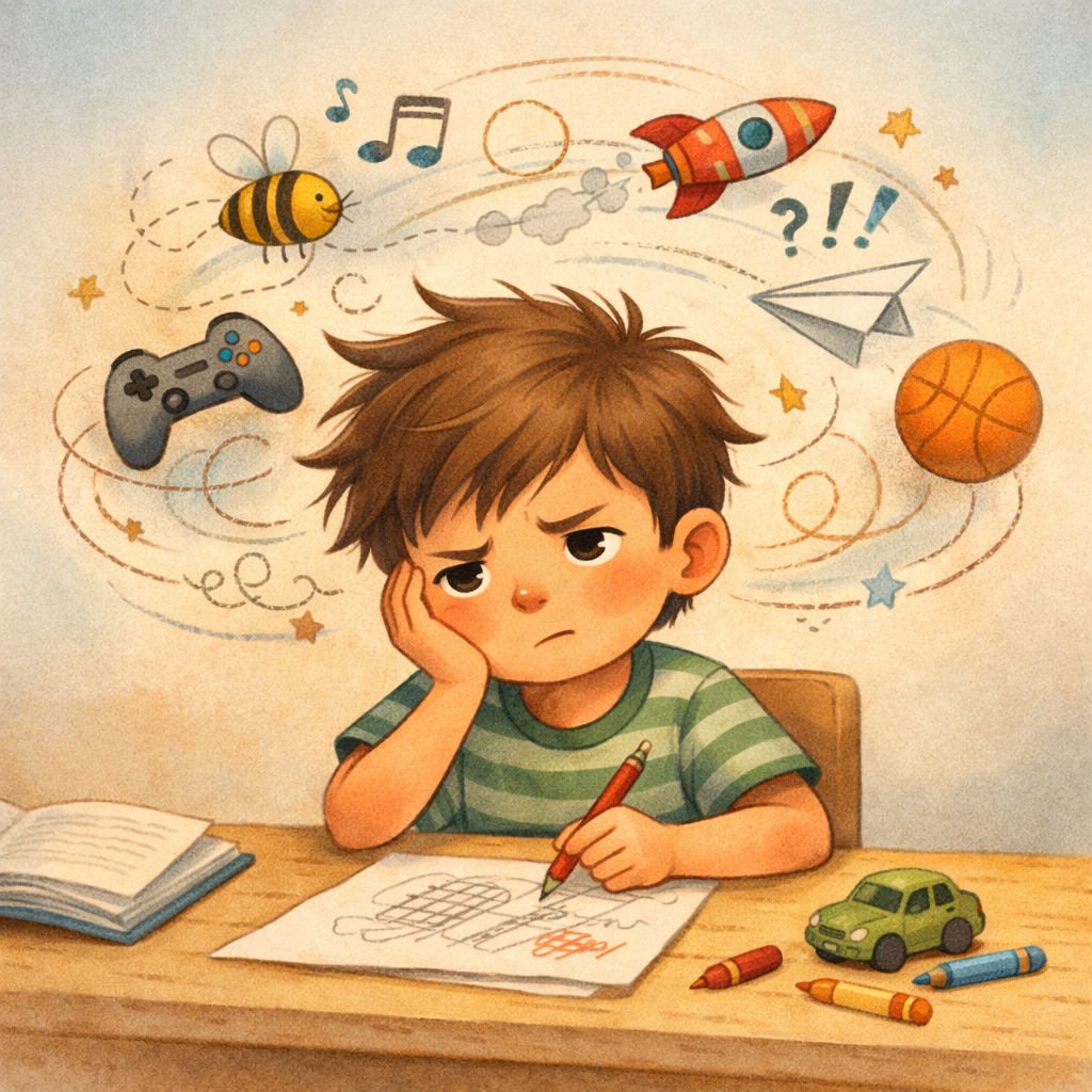 Child practicing a calming activity like drawing at a quiet desk.