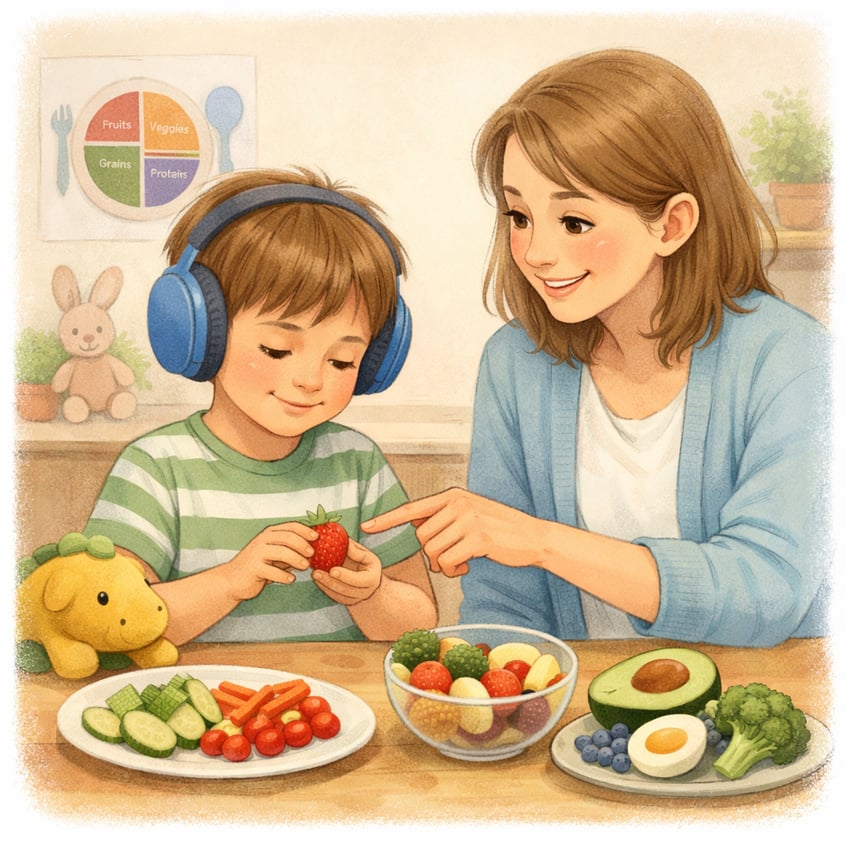Autistic child exploring healthy foods with guidance from a pediatric nutrition therapist.