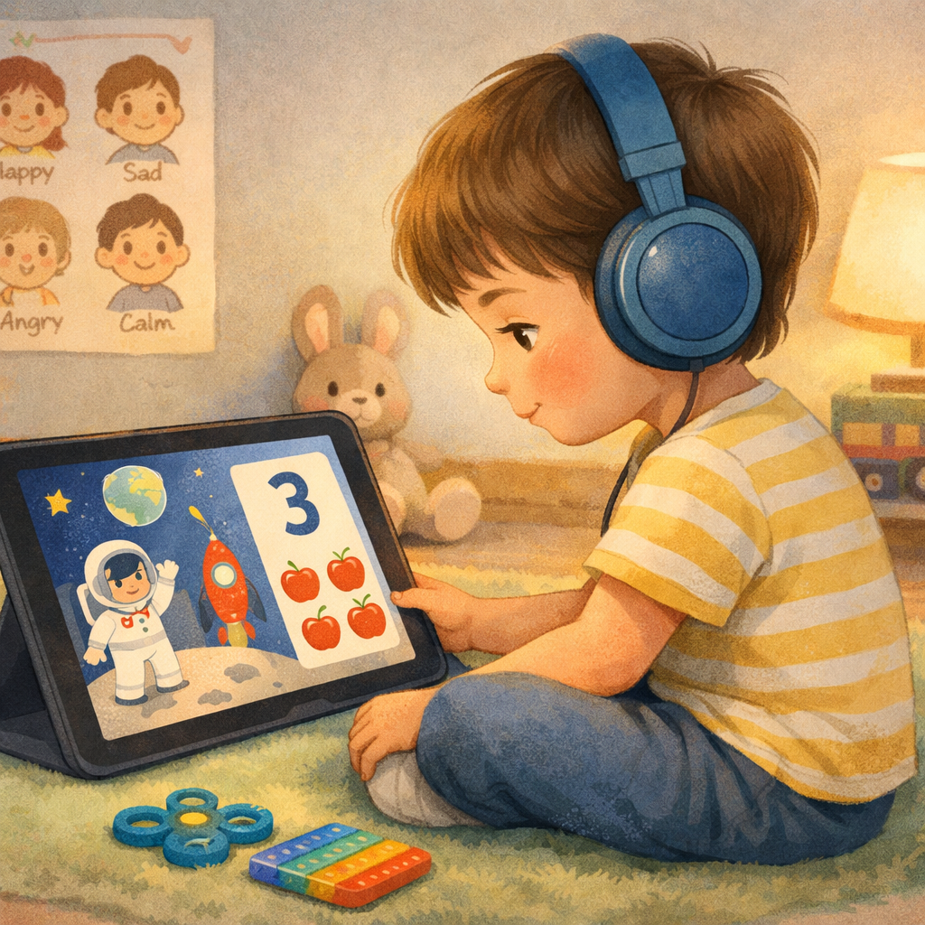 Autistic child learning through a visual educational show on a tablet.