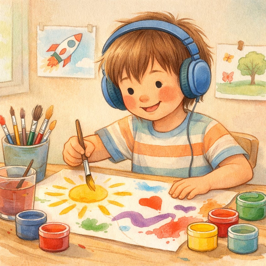 Autistic child painting with bright colors during a creative art activity.