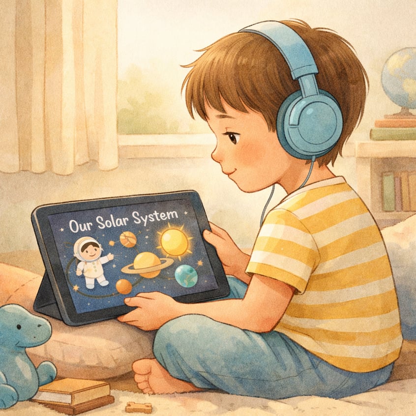 Autistic child watching educational content on a tablet in a calm environment.