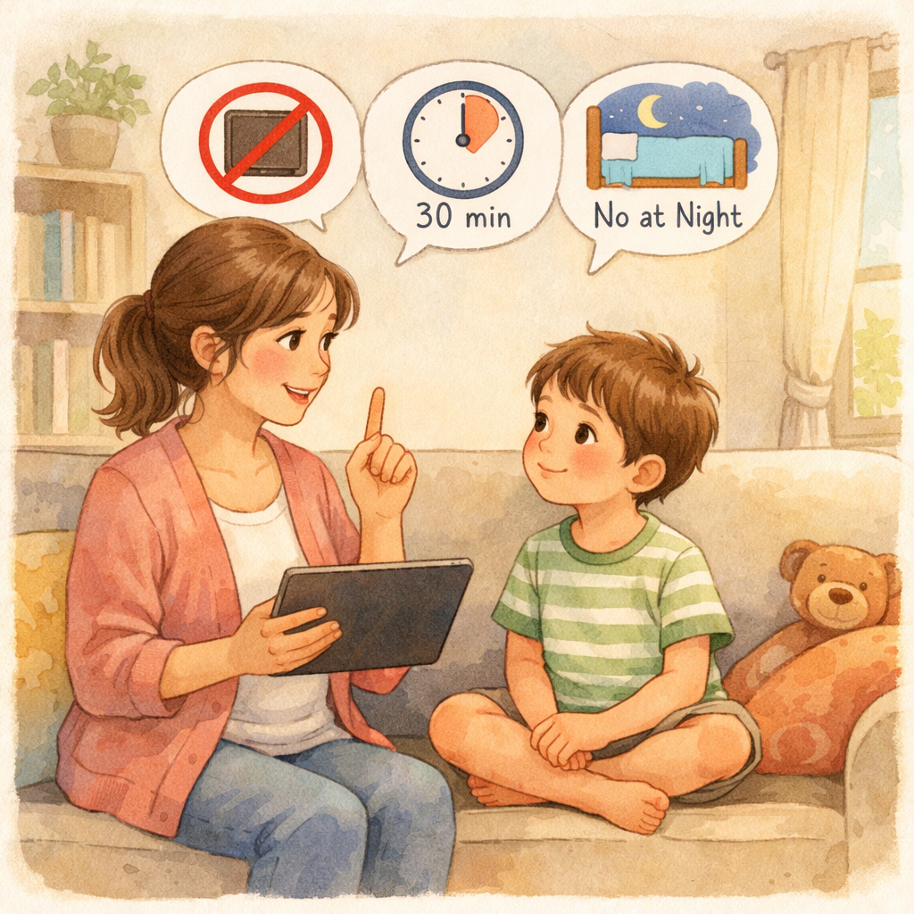 Family creating a schedule to manage children’s tablet use.