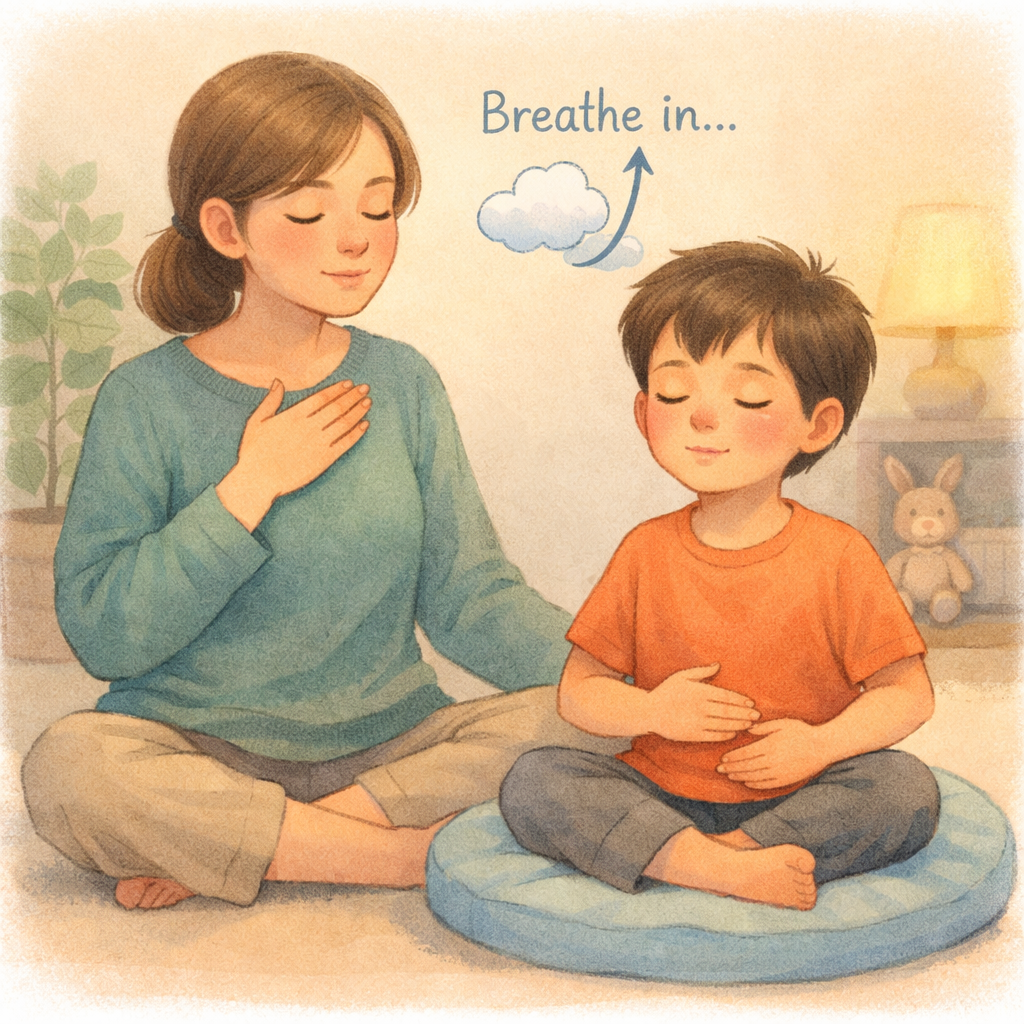 Parent and child with autism practicing emotional regulation using calm-down tools at home.