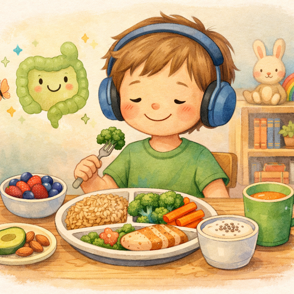 Balanced meal with fiber-rich foods designed for autism gut health support.