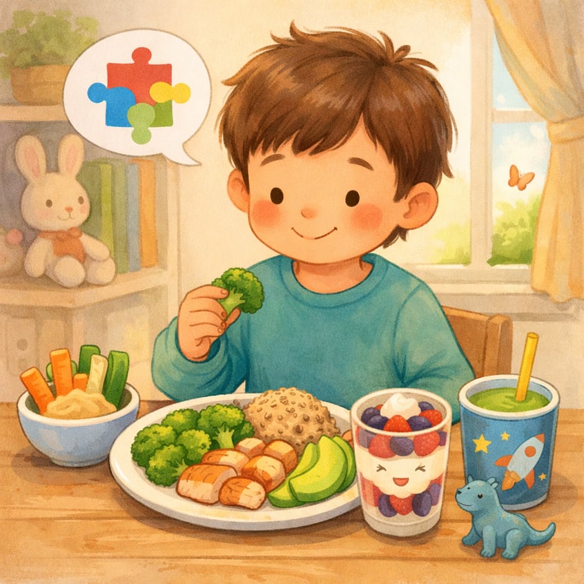 Healthy gut-friendly foods prepared for a child with autism.