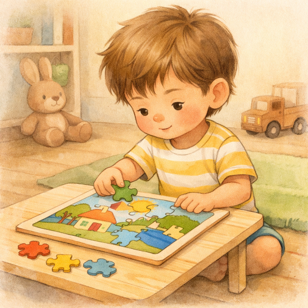 Child completing a simple puzzle designed to support focus and problem-solving skills.