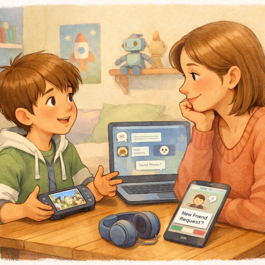 Child discussing in-game interactions with a caregiver to understand online risks.