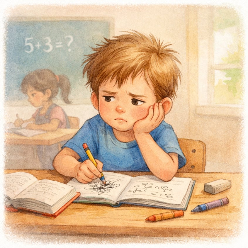 Child showing attention difficulties – A child sitting at a desk struggling to stay focused on homework, illustrating common ADHD traits.