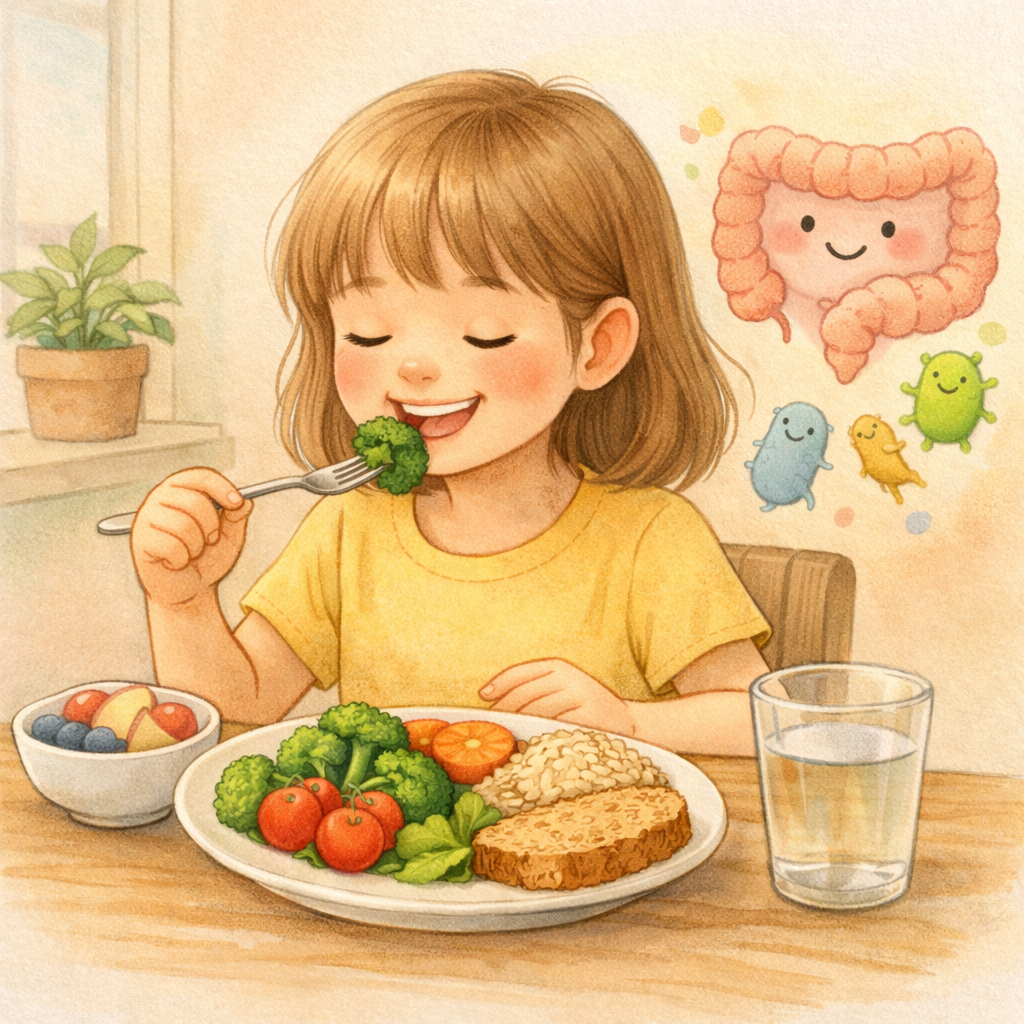 Child enjoying a balanced lunch with vegetables, whole grains, and protein in a calm environment.