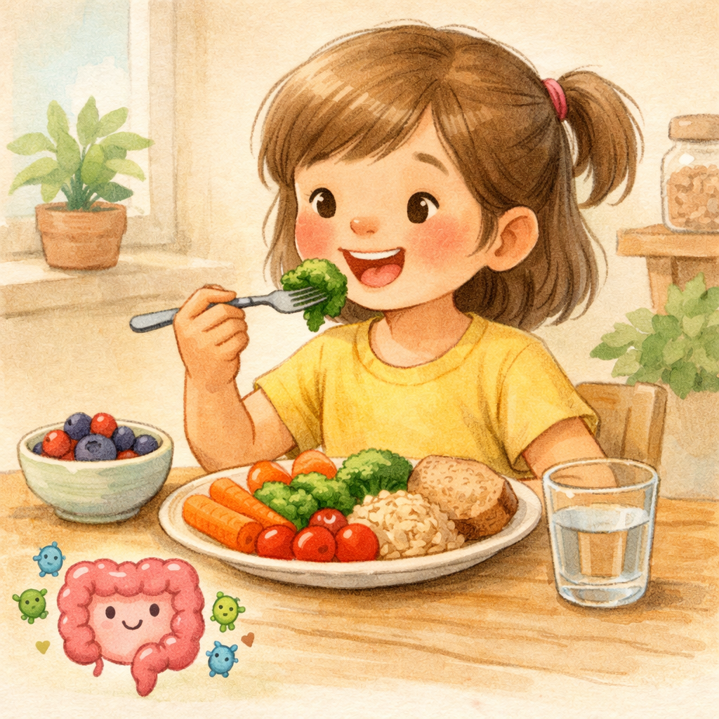 Child eating fiber-rich foods such as vegetables and whole grains to support digestive health and microbiome balance.
