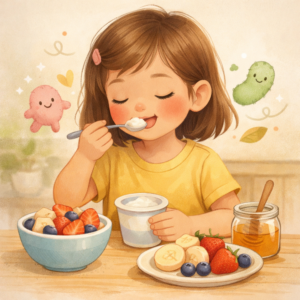 Child eating yogurt and fruit as part of a gut-friendly snack.