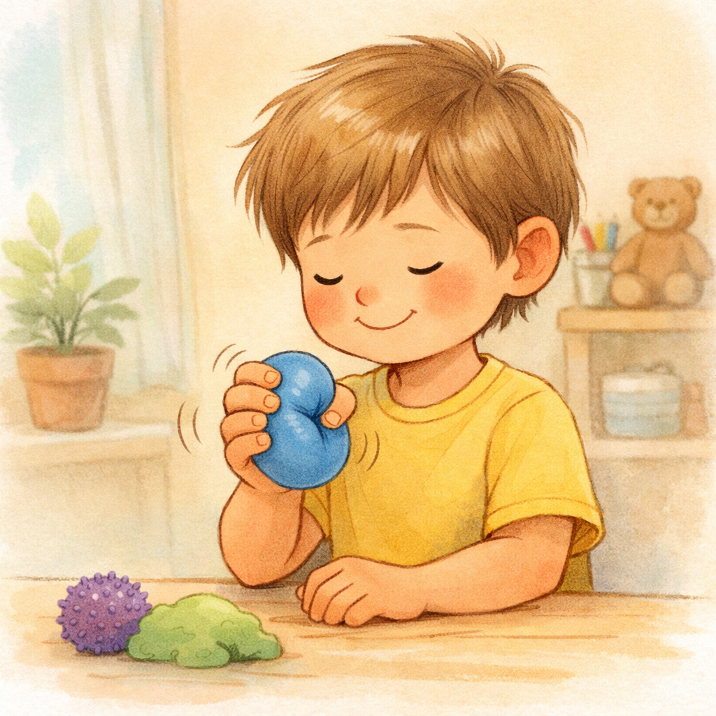 Child engaging in a calming sensory activity like squeezing a stress ball.