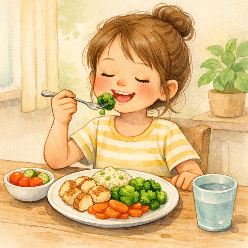 Child enjoying a balanced meal with vegetables and protein at the table.