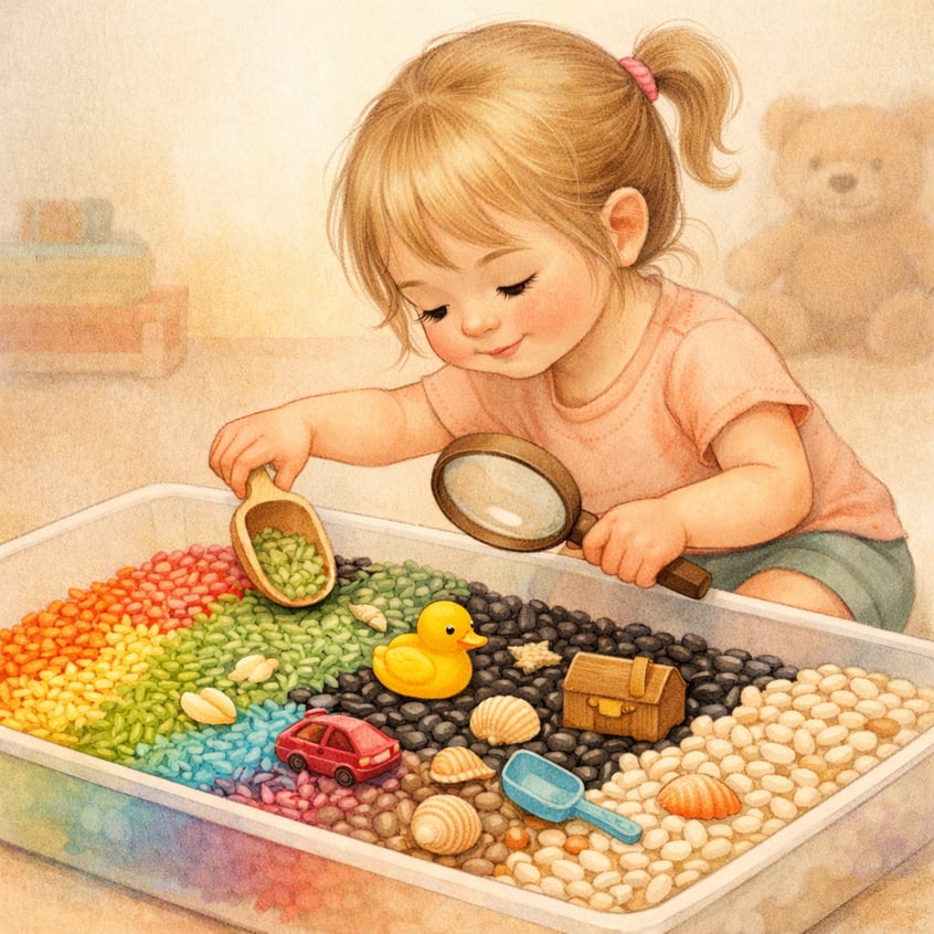 Sensory play with textures – A child exploring a sensory bin filled with sand, beads, and small toys to stimulate learning.
