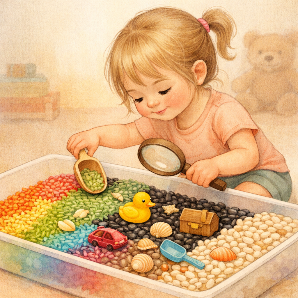 Child exploring a colorful sensory bin filled with rice, beans, and small toys.