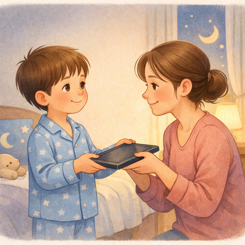 Child handing over a tablet to a parent before bedtime as part of screen-free rules.