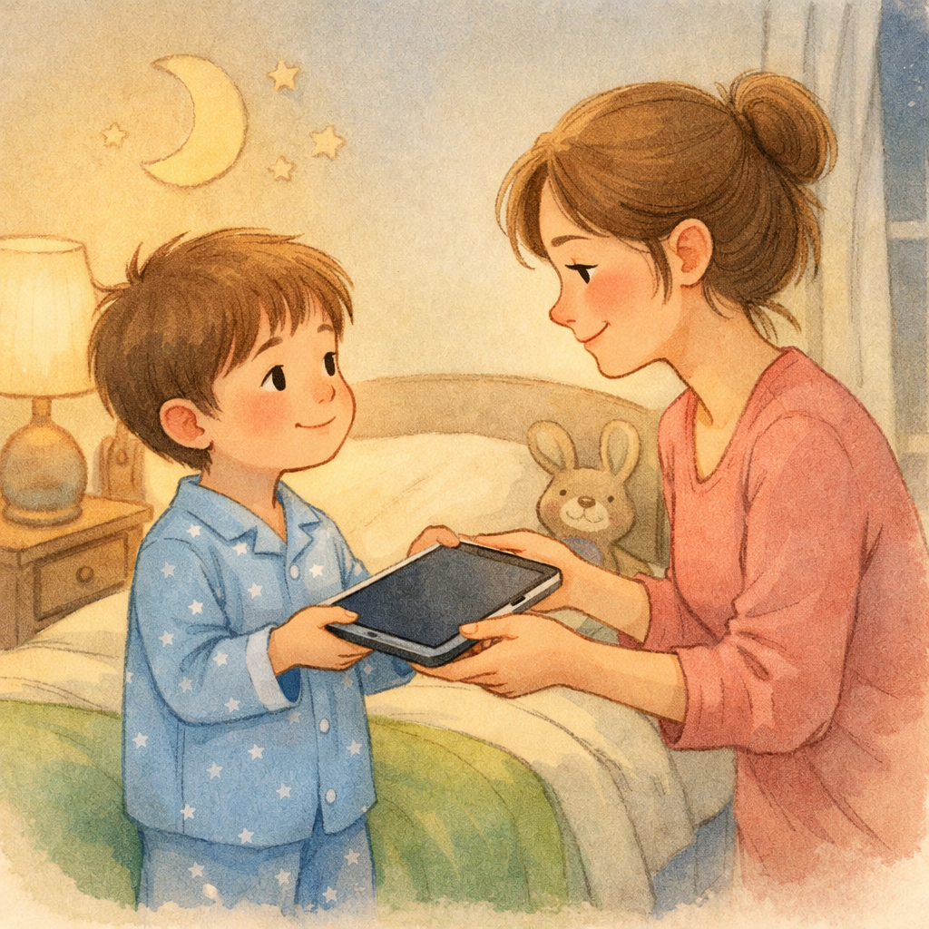 Child handing over a tablet to a parent before bedtime as part of screen-free rules.