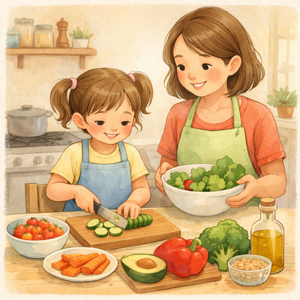 Child helping prepare a healthy meal in the kitchen with a parent.