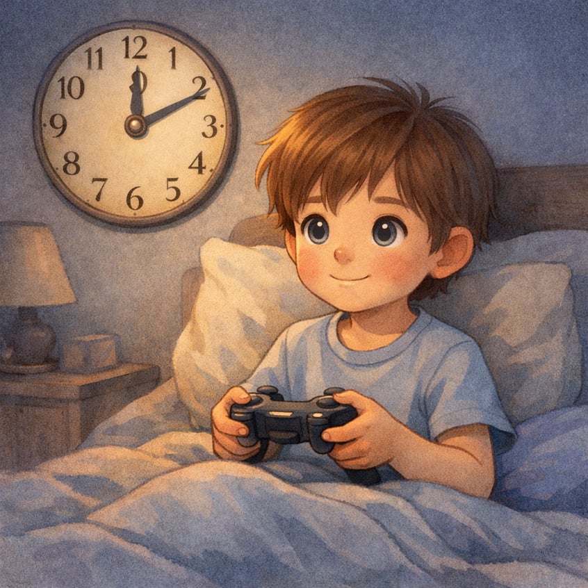 Child holding a gaming controller while a clock shows late-night hours.