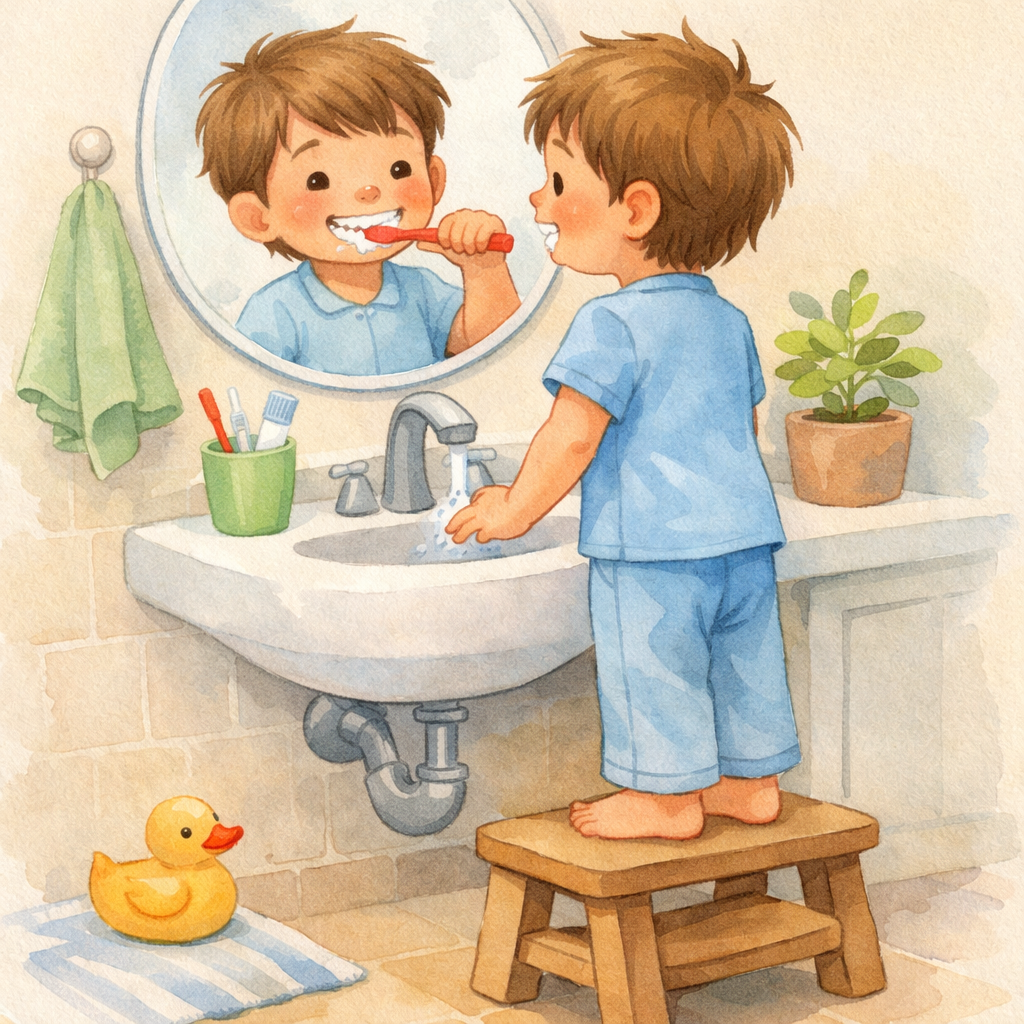 Child learning step-by-step instructions to complete a daily routine independently.