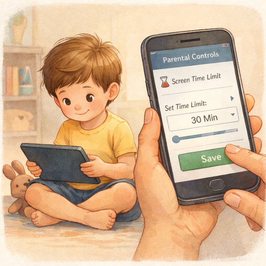 Child looking at a tablet while a parent sets a screen time limit using parental controls.