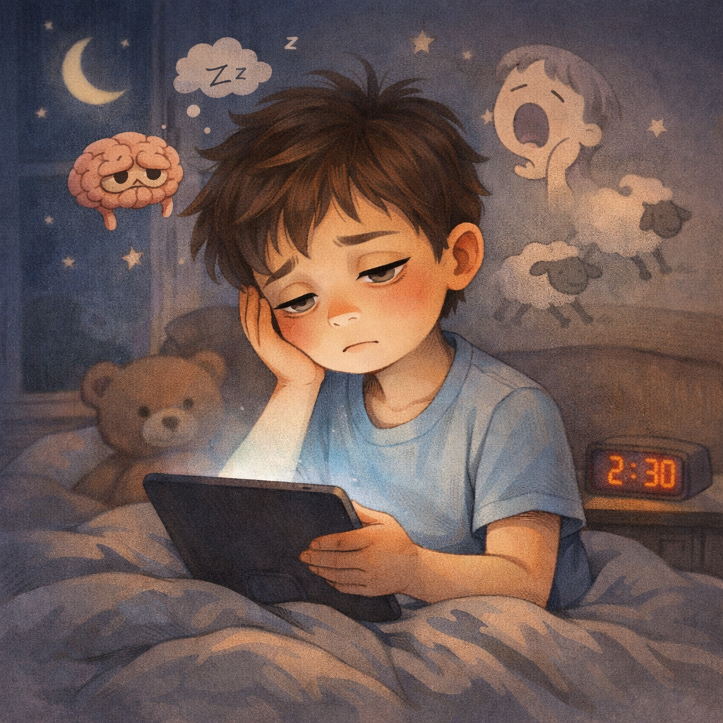 Clock showing late night as someone continues browsing on a tablet