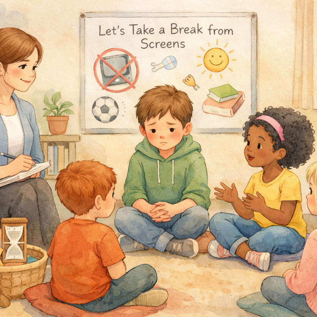 Child participating in group therapy focused on reducing excessive gadget use.