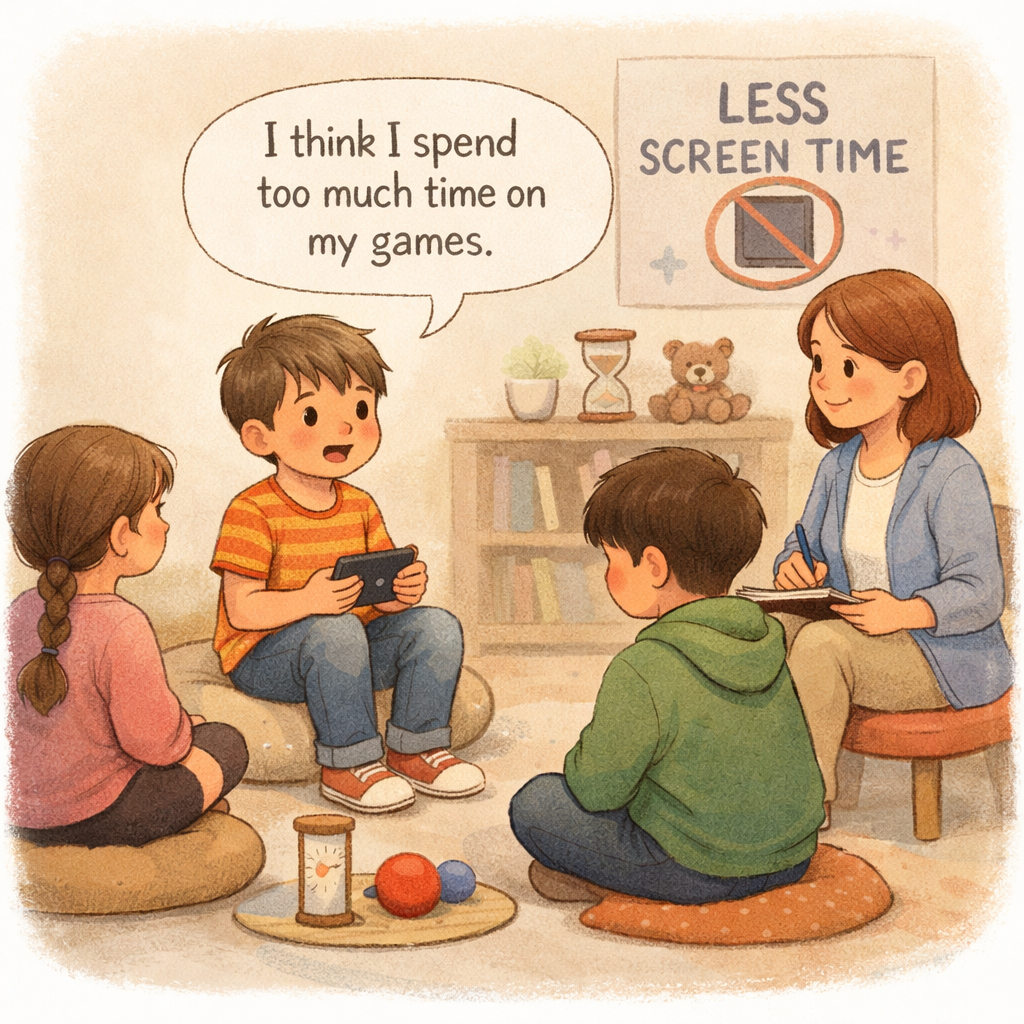 Child in a therapy session discussing feelings related to excessive gadget use with a counselor.