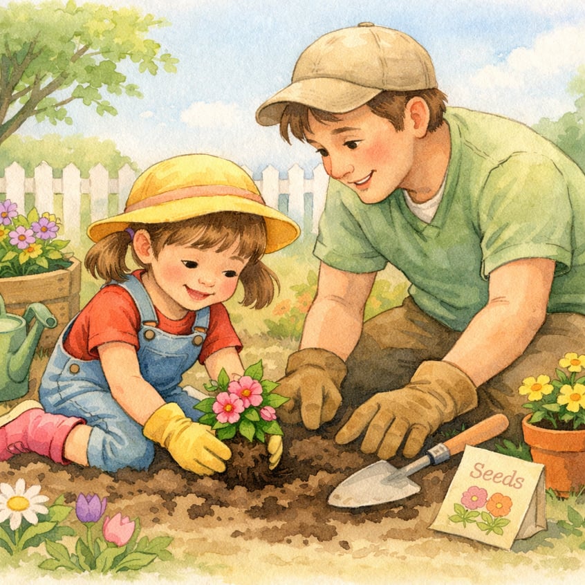 Child planting flowers in a garden with the help of a parent.