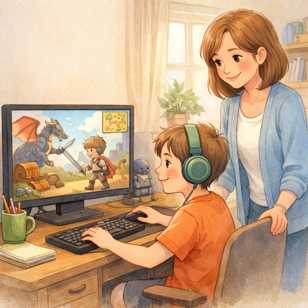 Parent supervising a neurodivergent child while using a digital device.