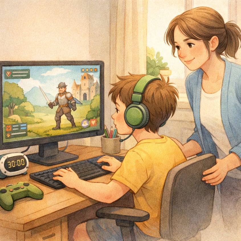 Child playing an online video game while a parent supervises screen use.